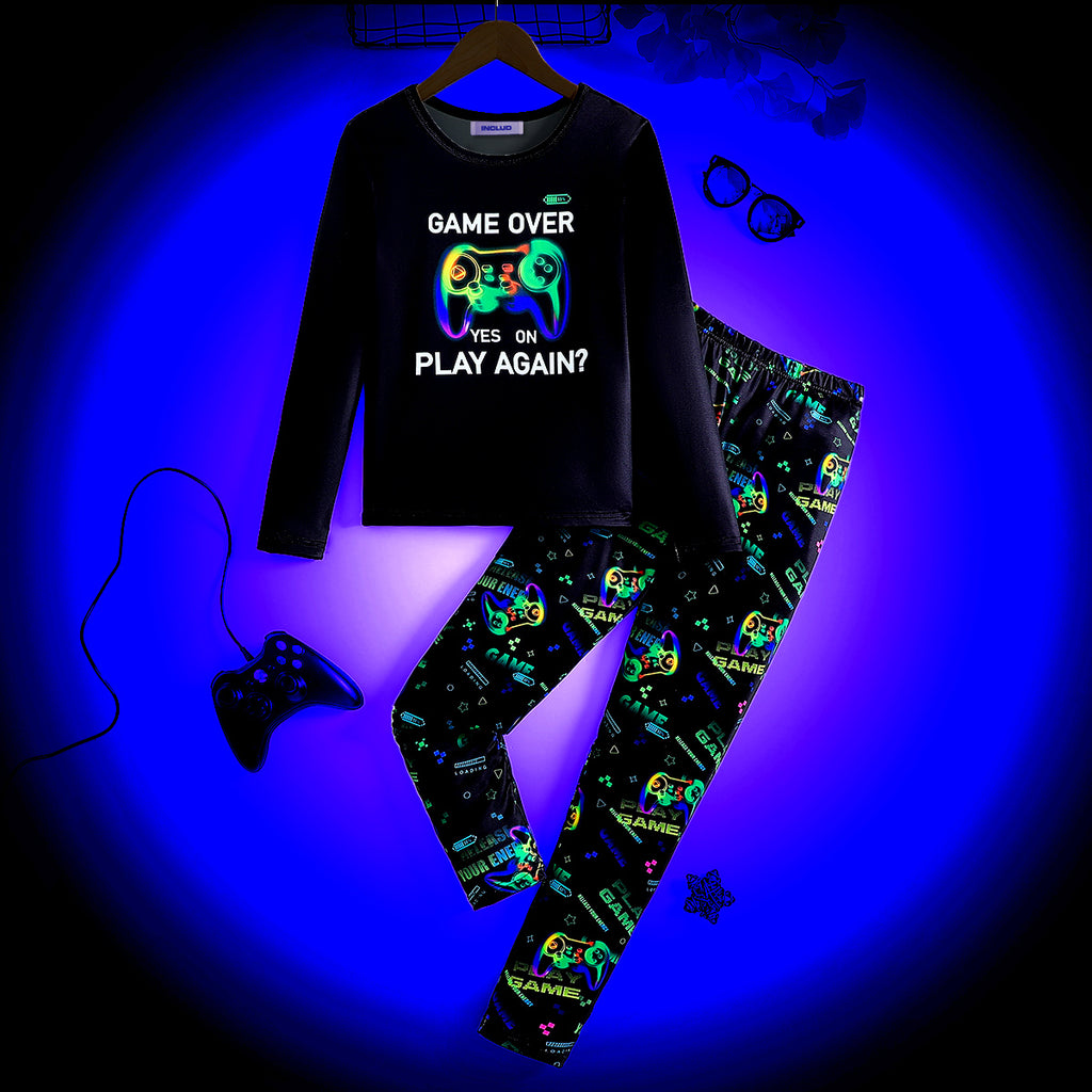Boys Black Gaming Printed Glow in the Dark T-Shirt & Pajama Winter Set 2 pc. Sets Black 7-8 Y