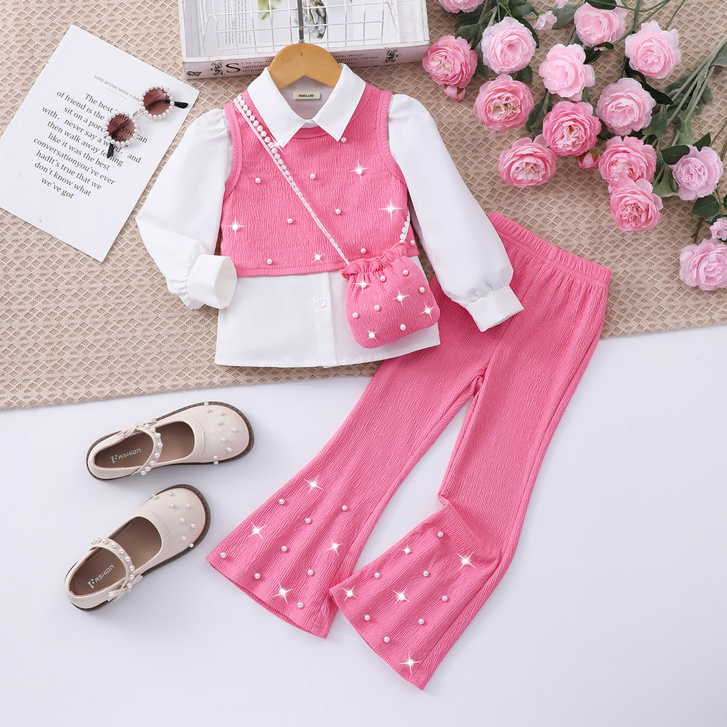Girls Long Sleeves Shirt With Pink Textured Vest and Sling Bag & Pants Set Sets Pink 3-4 Y