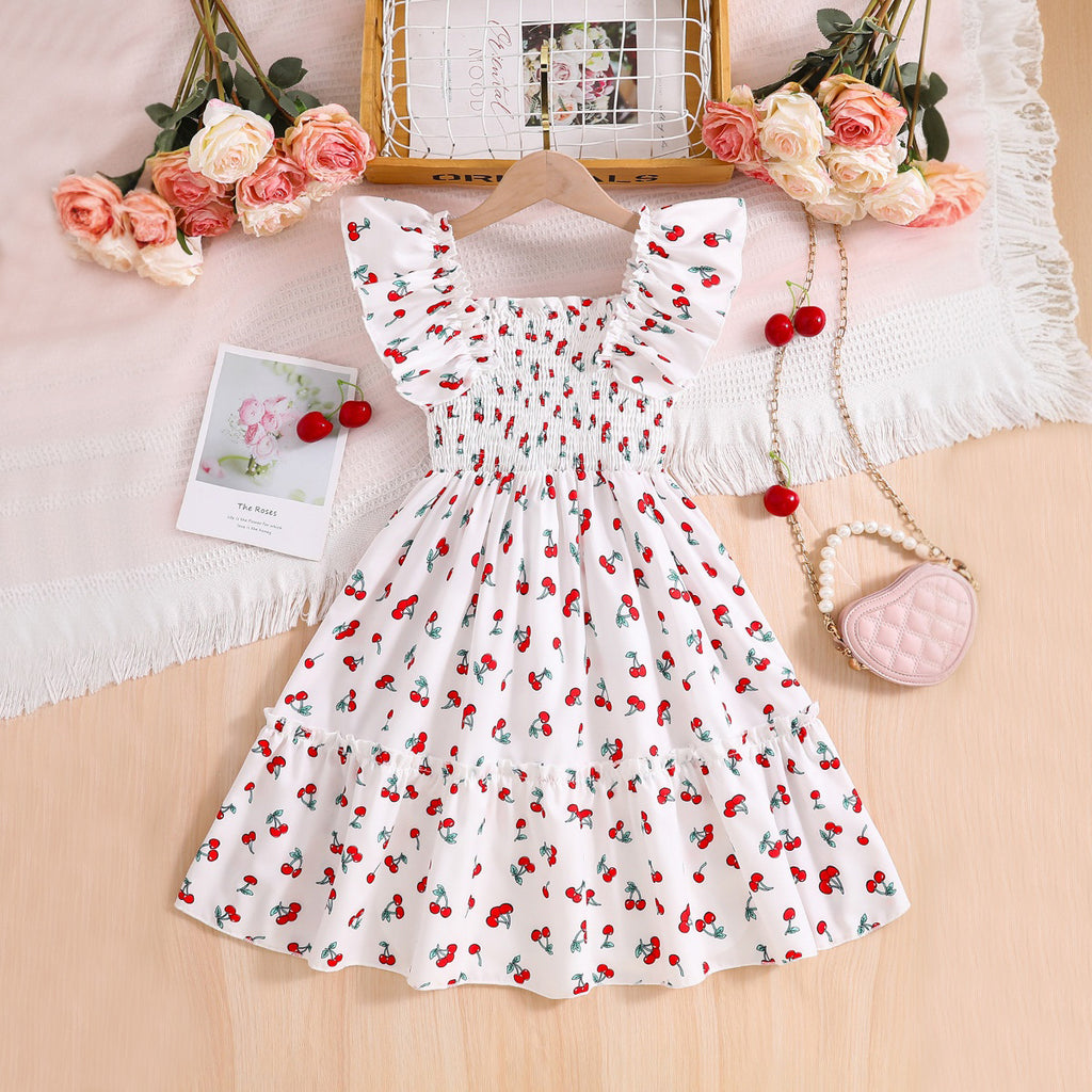 Girls White Cherry Printed Sleeveless Smocked Fit And Flared Casual Dress Casual Dresses White 3-4 Y
