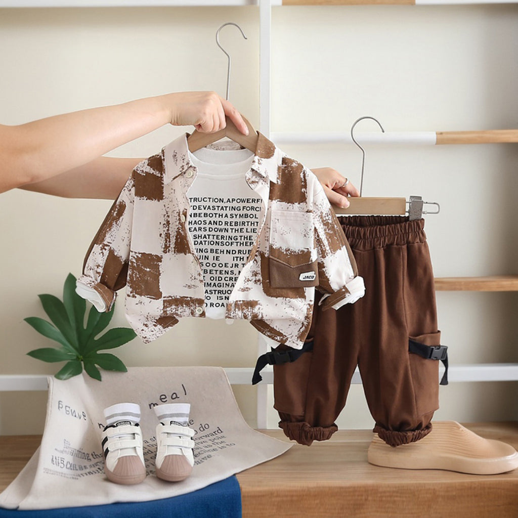Boys Brown Abstract Printed Shirt With T-Shirt And Trousers Sets 3 pc. Sets Brown 1-2 Y