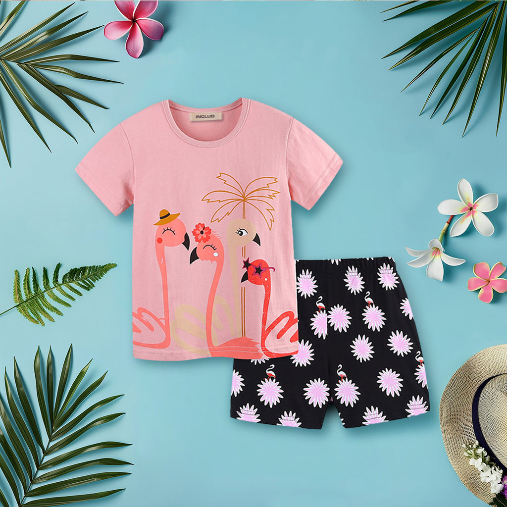 Girls Bird Printed T-Shirt With Floral Print Shorts Sets Peach 1-2 Y 