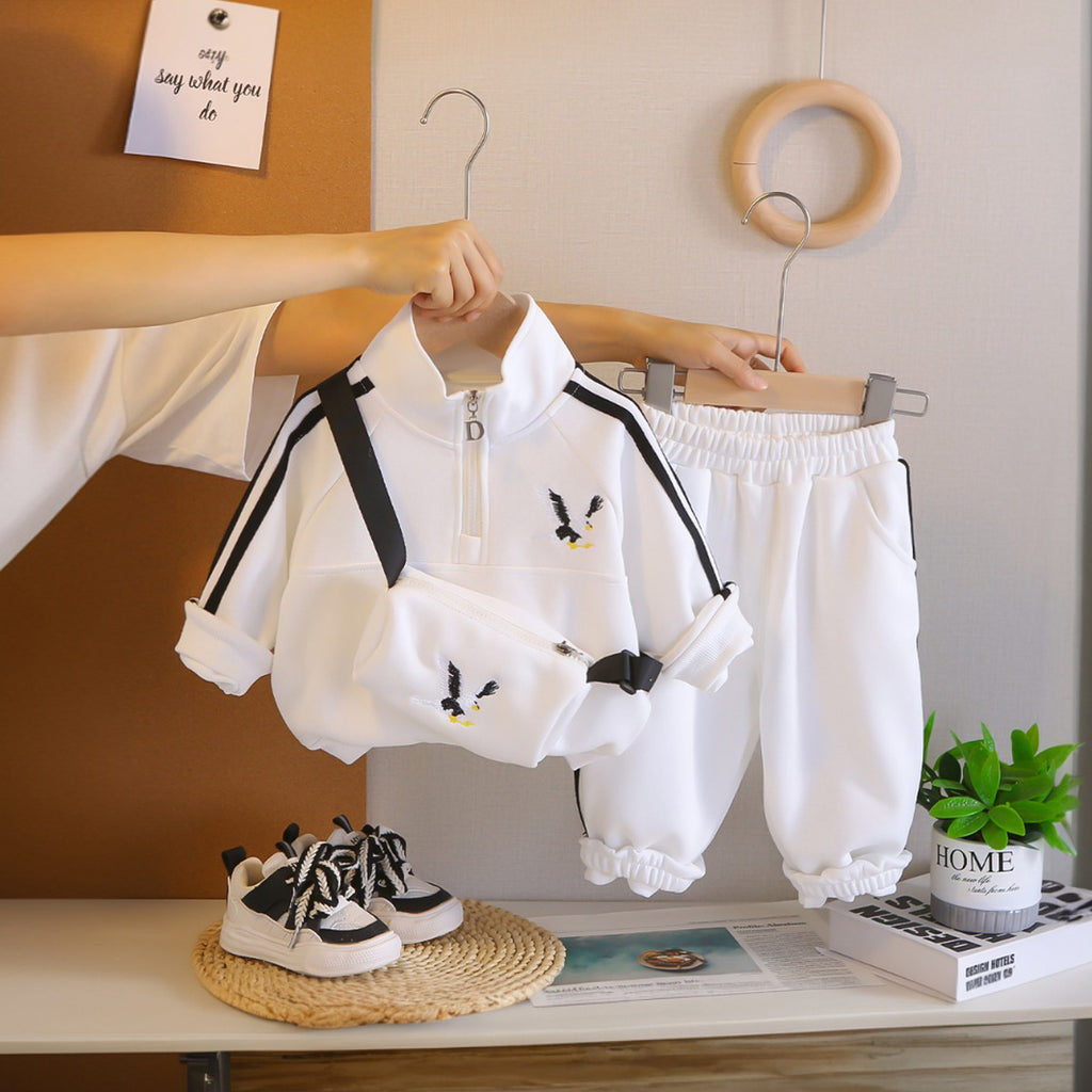 Boys White Eagle Embroidered Sweatshirt With Sling Bag and Pants Set Sets White 1-2 Y
