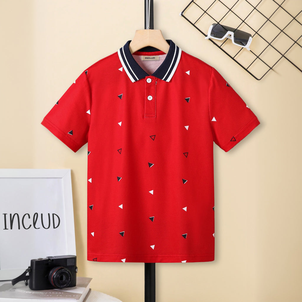 Boys Red Triangle Printed Short Sleeve Polo T-Shirt Tshirts Red 7-8 Y