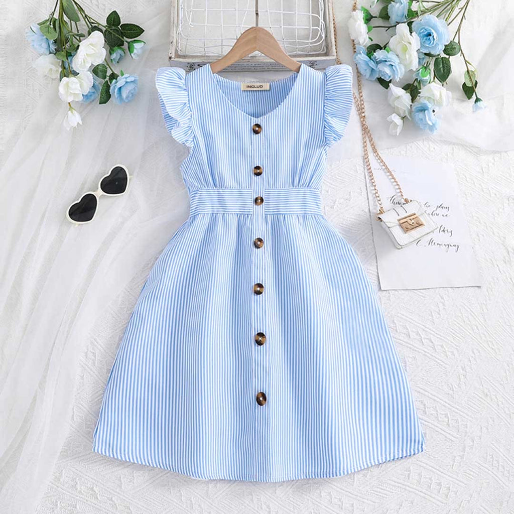 Girls Short Sleeve Fit & Flare Dress Casual Dresses Sky Blue 7-8 Y 