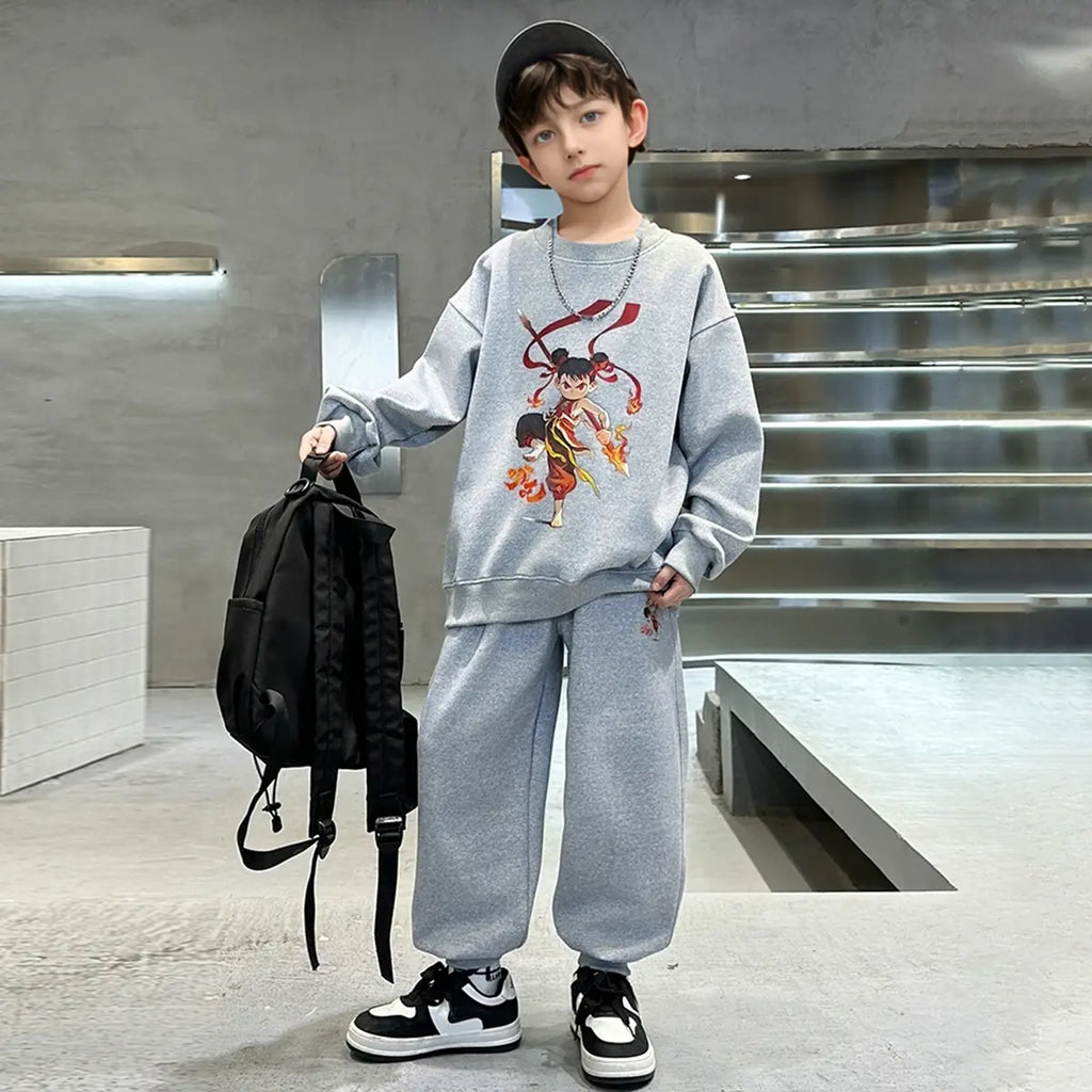Boys Grey Graphics Printed Oversized Sweatshirt With Jogger Co-ord Sets Sets Grey 5-6 Y