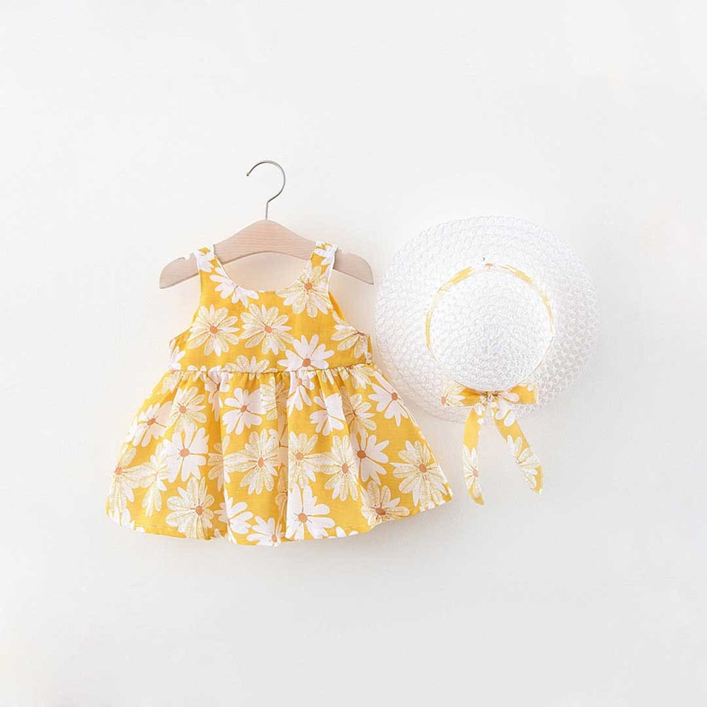 Girls Floral Print Fit & Flare Dress with Hat Casual Dresses Yellow 1-2 Y 