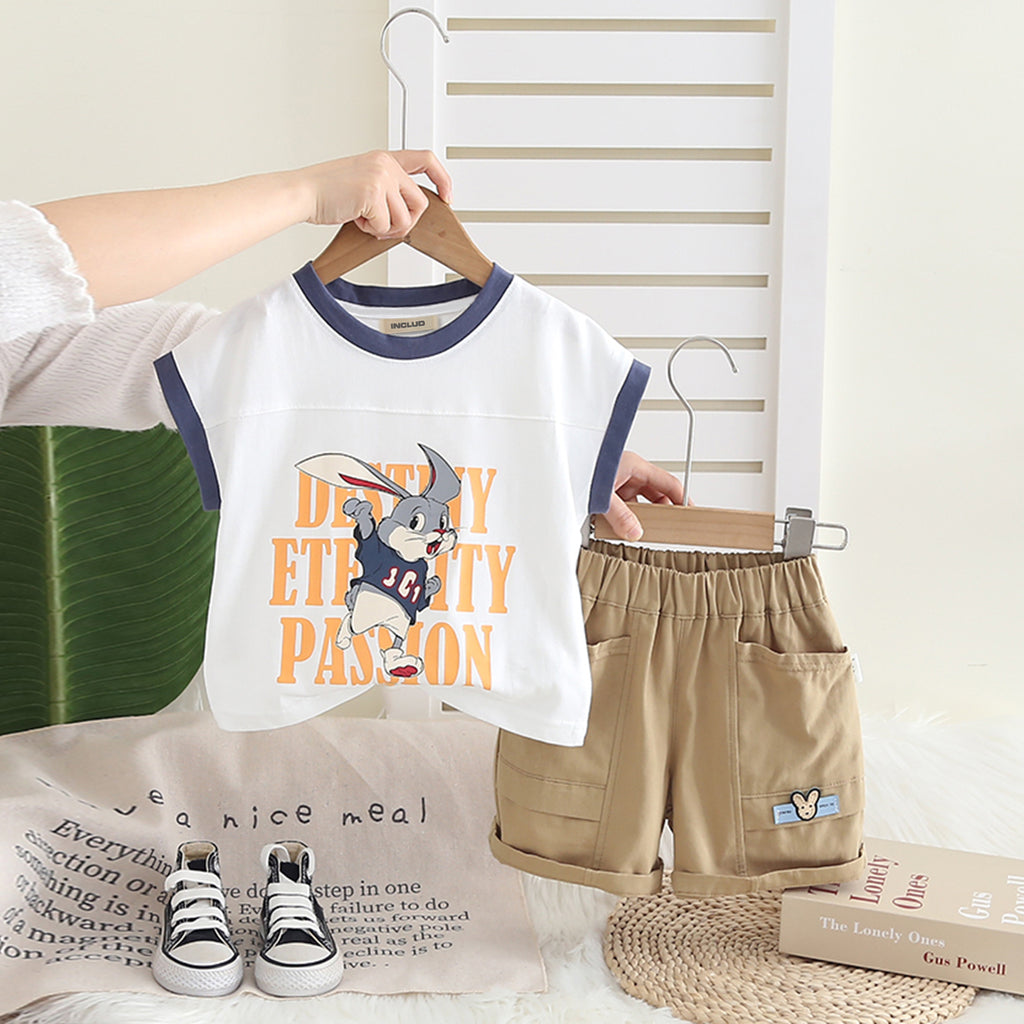 Boys White Graphic Extended Shoulder T-Shirt With Shorts Set 2 pc. Sets