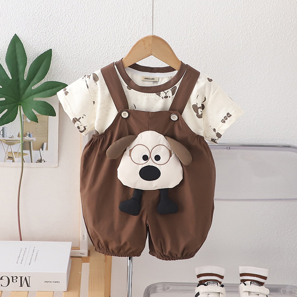 Boys Printed Short Sleeves T-Shirt With Dark Brown Dog Applique Dungaree Set 2 pc. Sets Dark Brown 1-2 Y