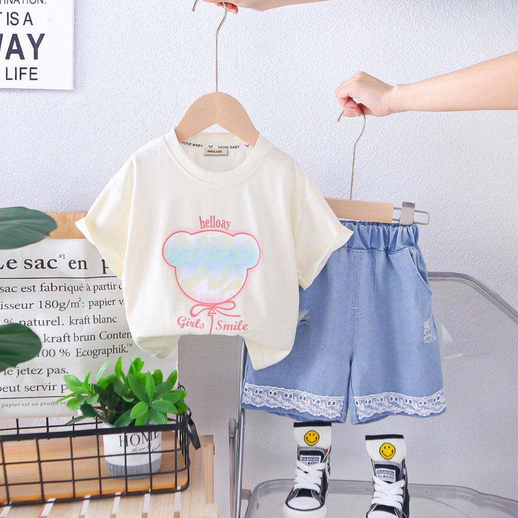 Girls Off White Printed T-Shirt With Lace Hem Patched Denim Shorts Set 2 pc. Sets Off White 1-2 Y