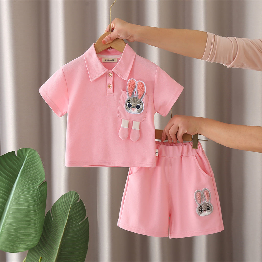 Girls Pink Bunny Appliqued Short Sleeves Polo T-Shirt With Shorts Set 2 pc. Sets Pink 1-2 Y