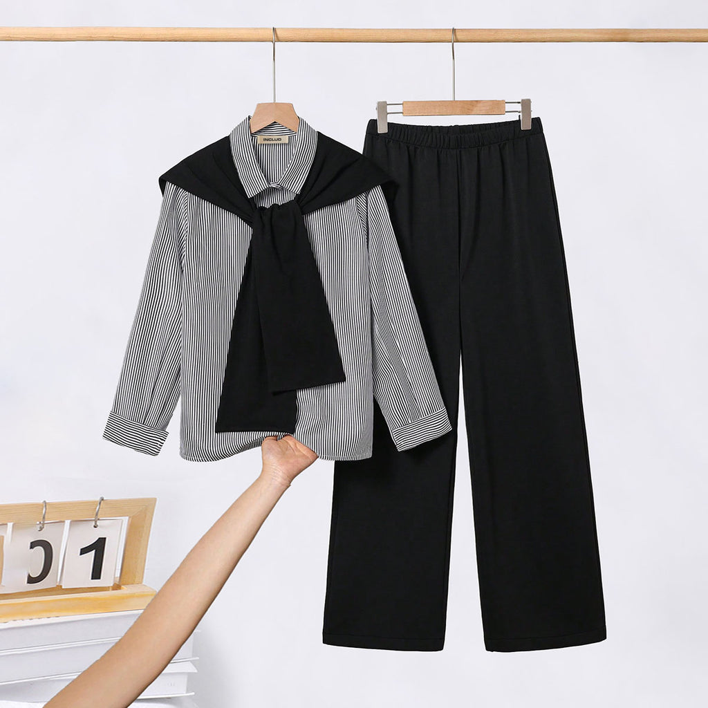 Girls Black Striped Shirt with Scarf and Straight Fit Pants Sets Sets Black 12-13 Y