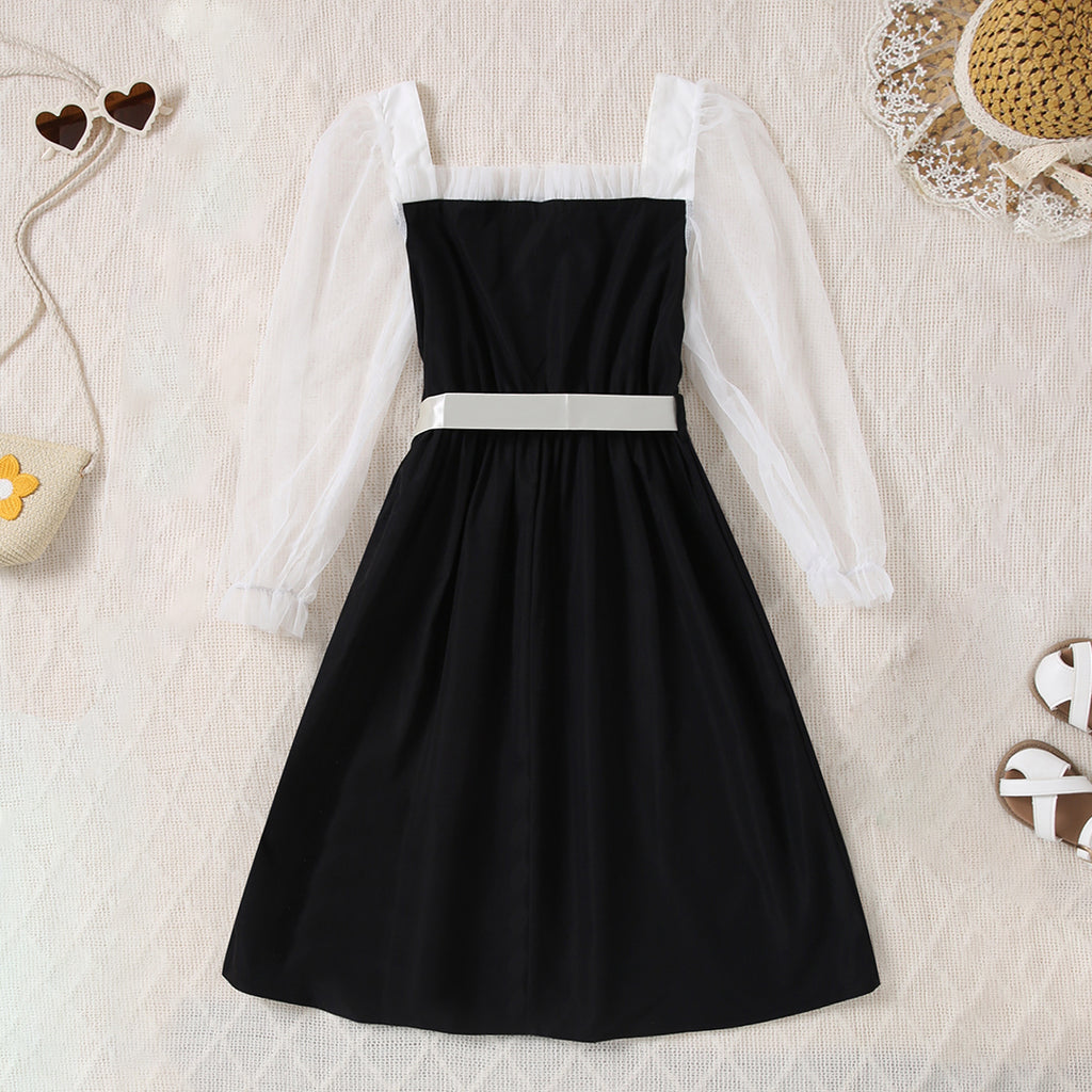 Girls Black Skater Dress with Sheer Sleeves & Sateen Belt Casual Dresses Black 7-8 Y