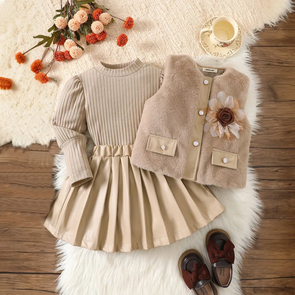 Girls Khaki Flower Applique Fleece Vest With Top & Pleated Skirt Sets Sets Khaki 2-3 Y