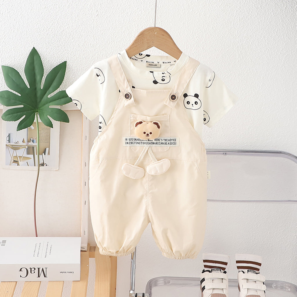 Boys Panda Printed T-Shirt With Beige Dungaree Set 2 pc. Sets Beige 1-2 Y