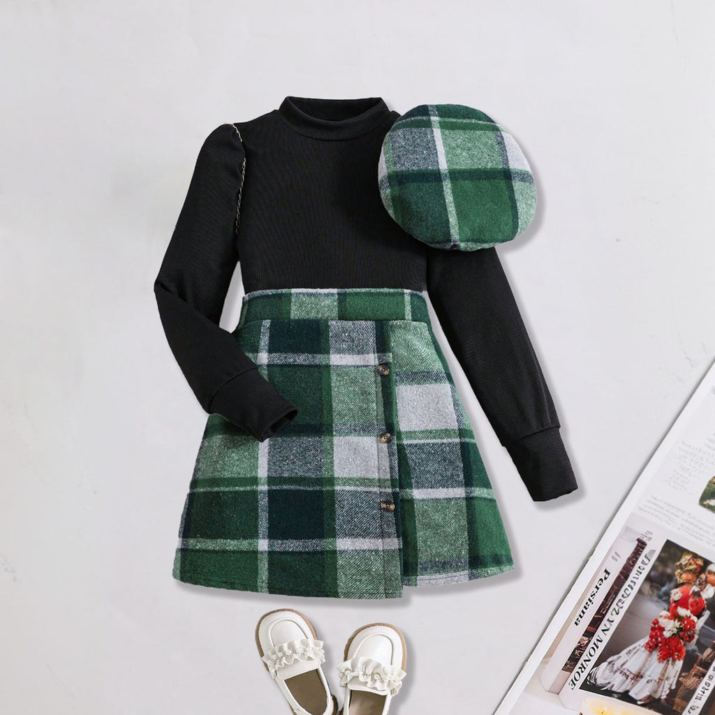 Girls Stand Collar Rib Top With Green Checked Skirt & Beret Hat Set Sets Green 7-8 Y