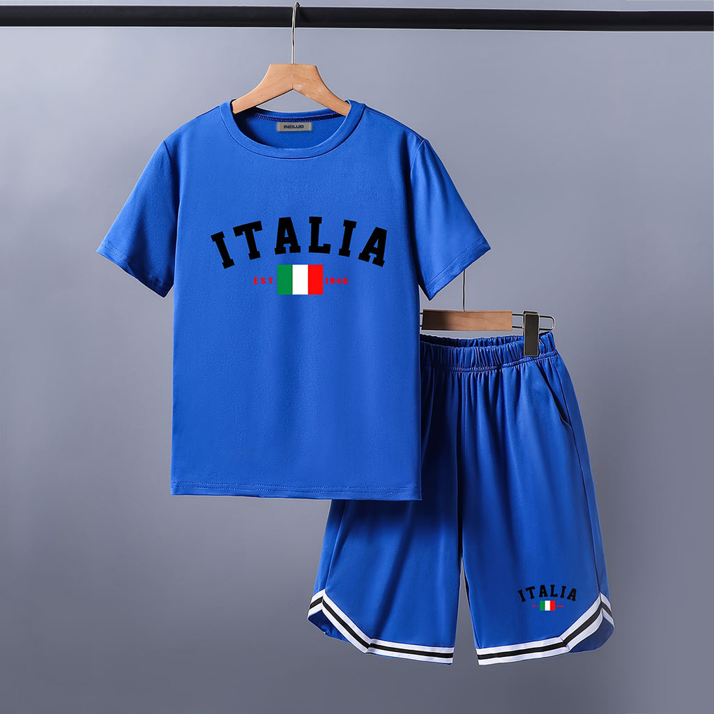 Boys Blue Typographic Print Shot Sleeve T-Shirt With Shorts Set 2 pc. Sets Blue 5-6 Y