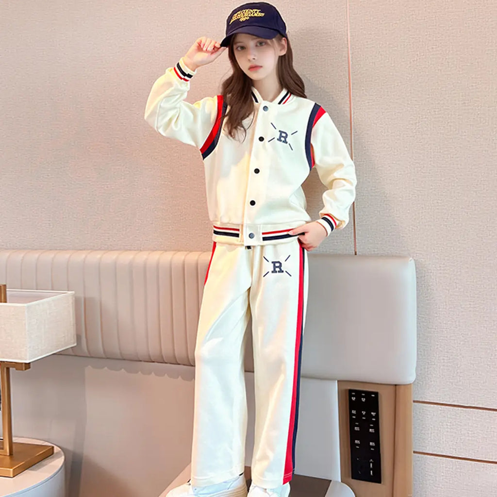 Girls Cream R Letter Printed Varsity Jacket With Pants Co-ord Sets Sets Cream 5-6 Y