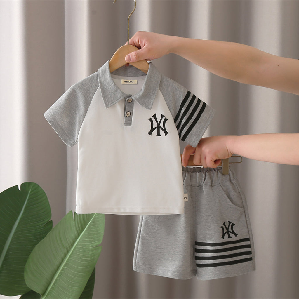 Boys Grey Melange Side Striped Polo T-shirt with Shorts Set Sets Grey 1-2 Y