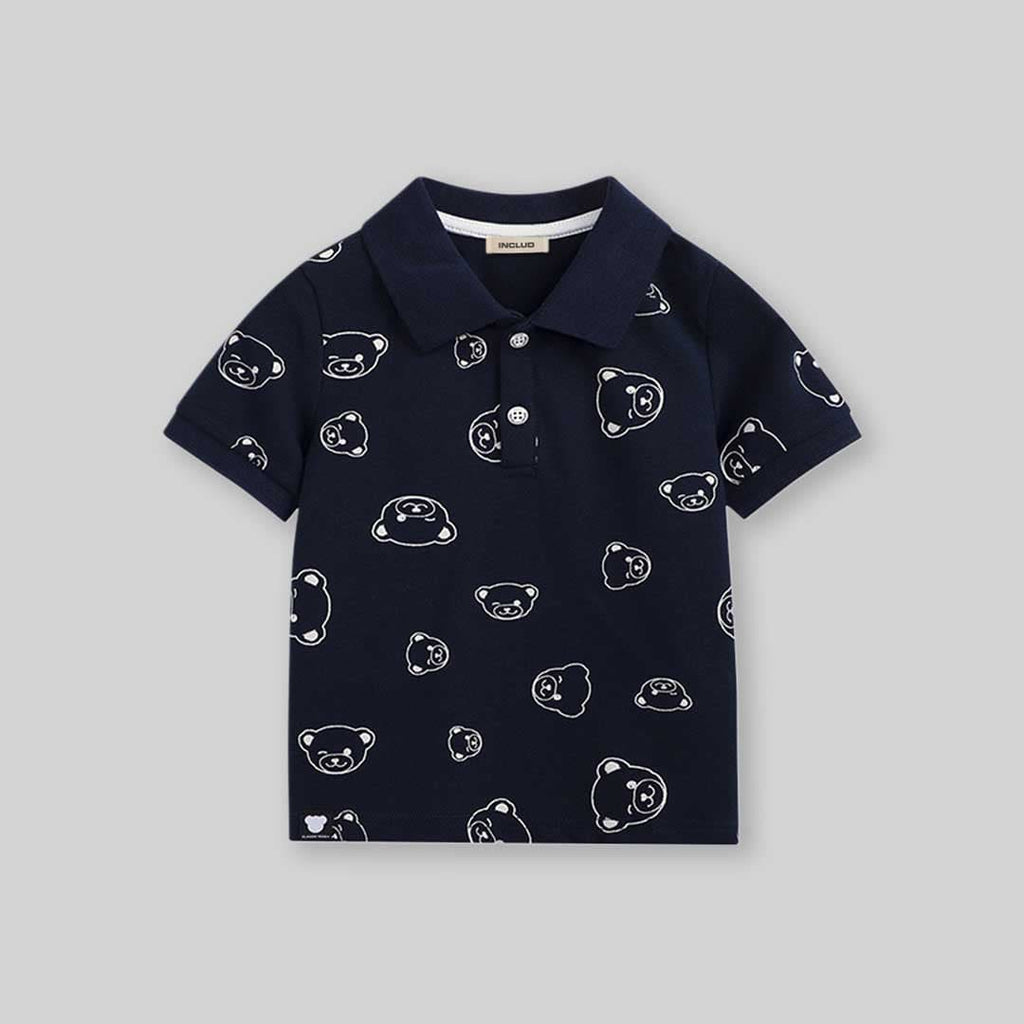 Boys Short Sleeve Bear Printed Polo T-Shirt Tshirts Blue 1-2 Y 