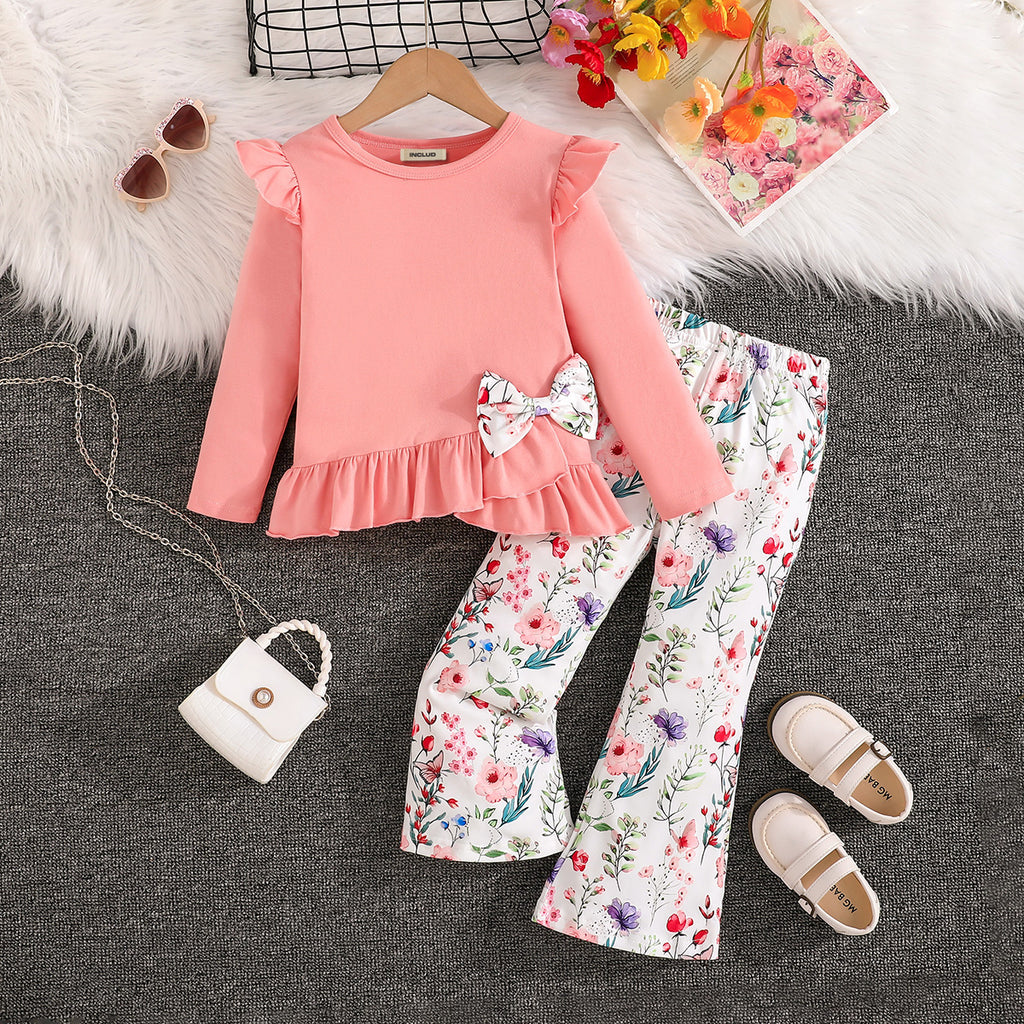 Girls Coral Drop-Waist Top with Floral Print Flared Pants Set Sets Coral 3-4 Y