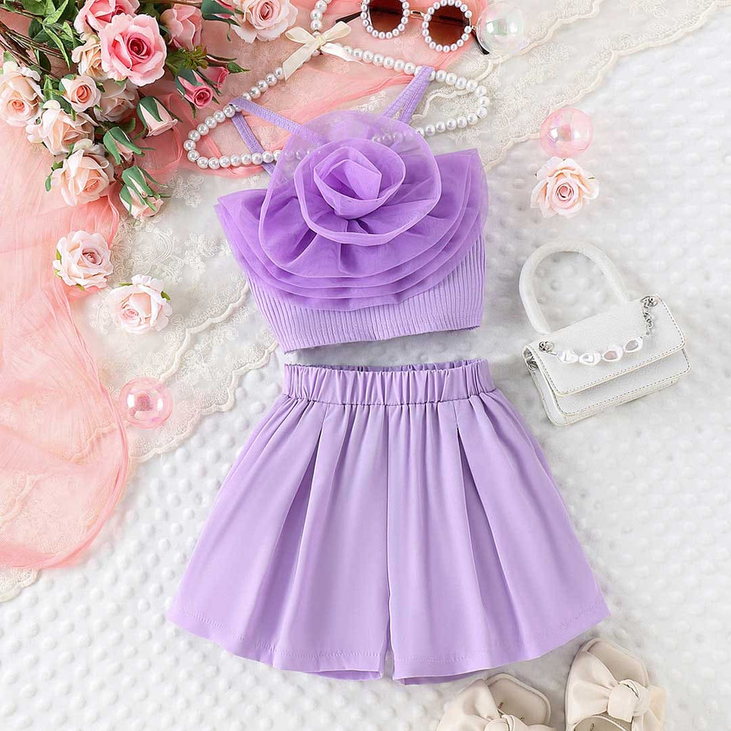 Girls Flower Applique Camisole Top With Shorts Set Sets Purple 4-5 Y