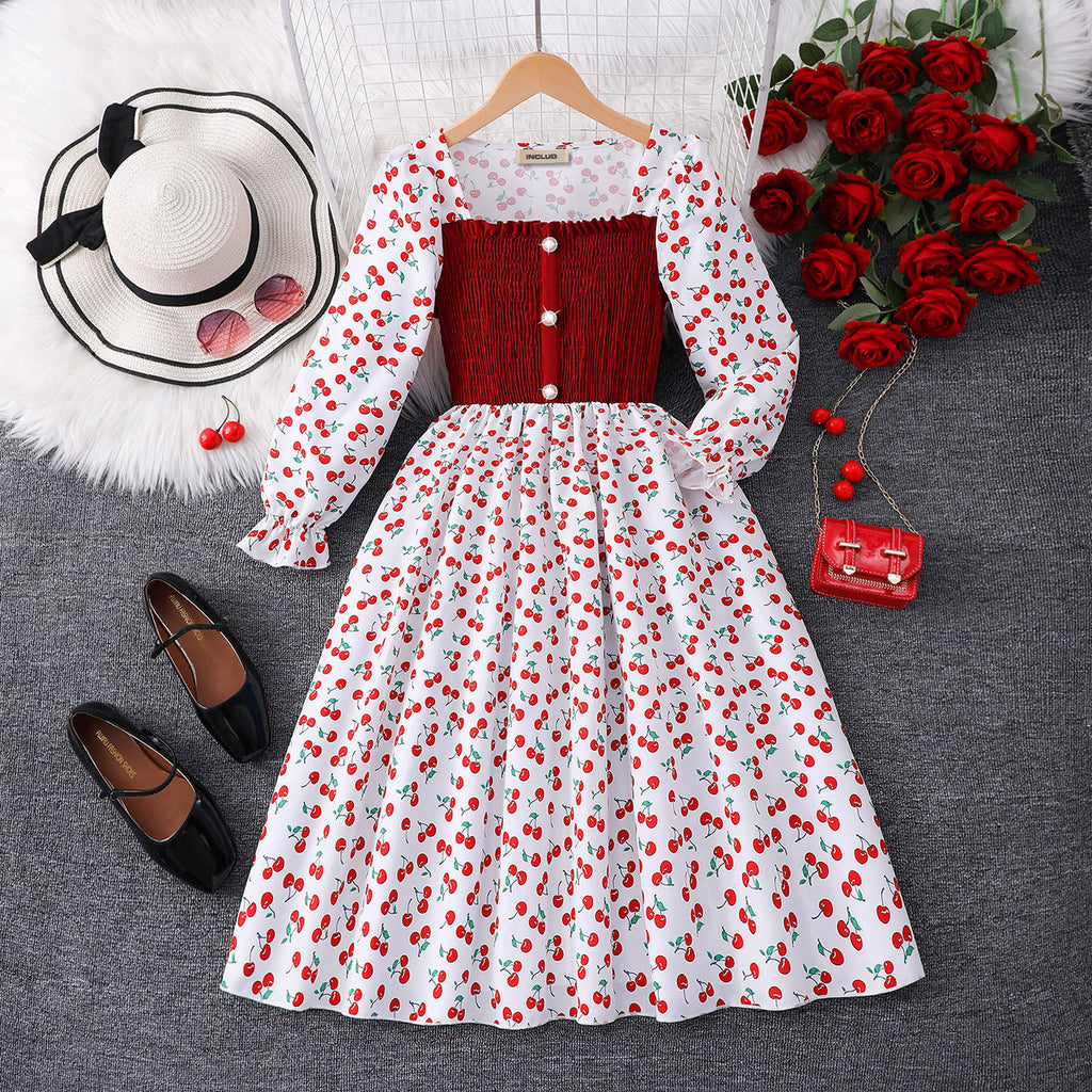 Girls White Cherry Printed Smocked Maxi Dress Casual Dresses White 7-8 Y