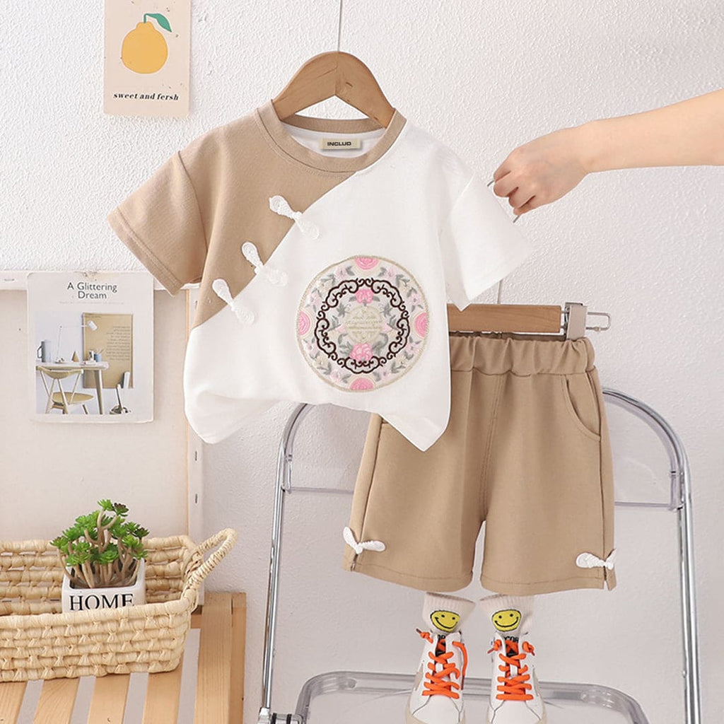 Boys Short Sleeve T-Shirt With Embroidery And Shorts 2 pc. Sets Light Brown 1-2 Y 
