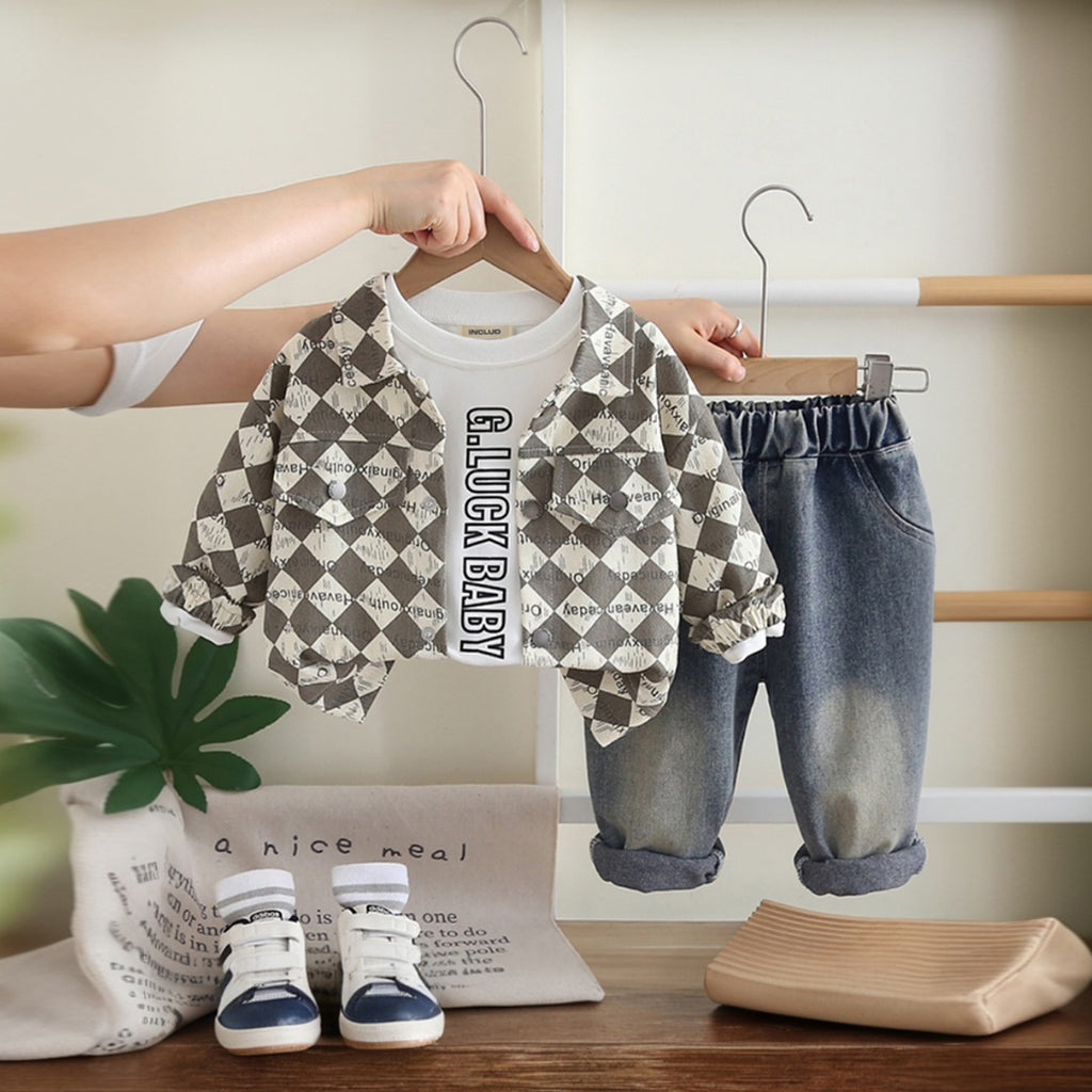 Boys Grey Abstract Shirt With T-Shirt And Denim Trousers Sets 3 pc. Sets Grey 1-2 Y