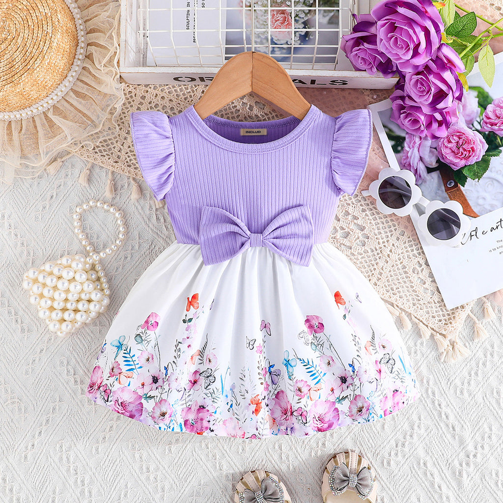 Girls Purple Floral Print short sleeve Fit & Flare Dress Casual Dresses Purple 6-9 M