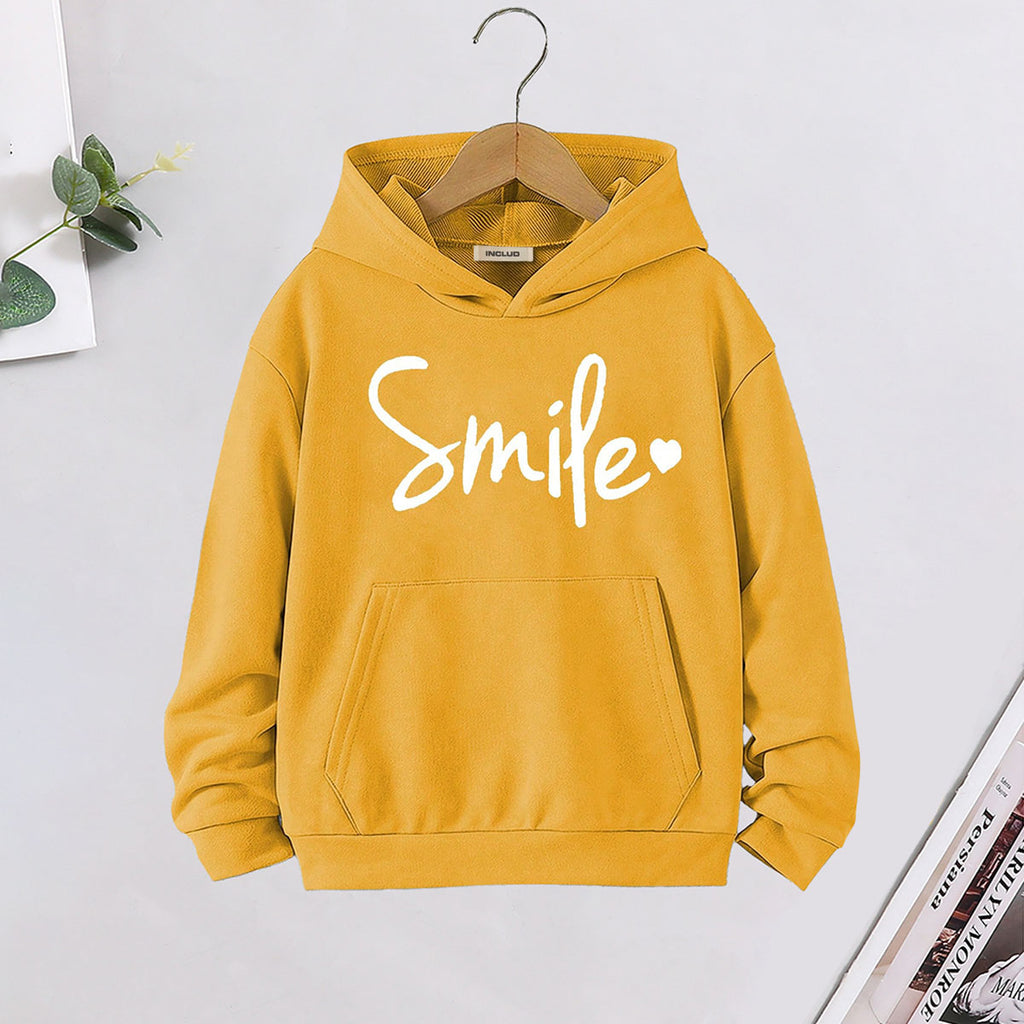 Girls Mustard Smile Printed Hooded Sweatshirt Sweatshirts & Hoodies Mustard 7-8 Y