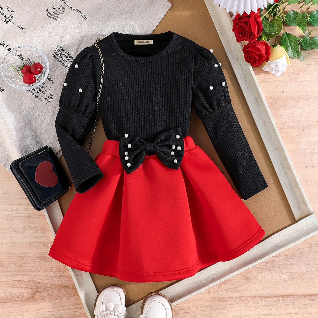 Girls Black Beaded Puff Sleeves Top With Bow Pleated Skirt Sets Sets Black 3-4 Y