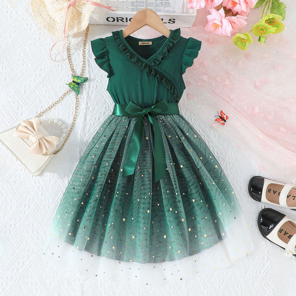 Girls Green Star Printed Tulle Overlay Fit & Flare Summer Casual Dress Casual Dresses Green 2-3 Y
