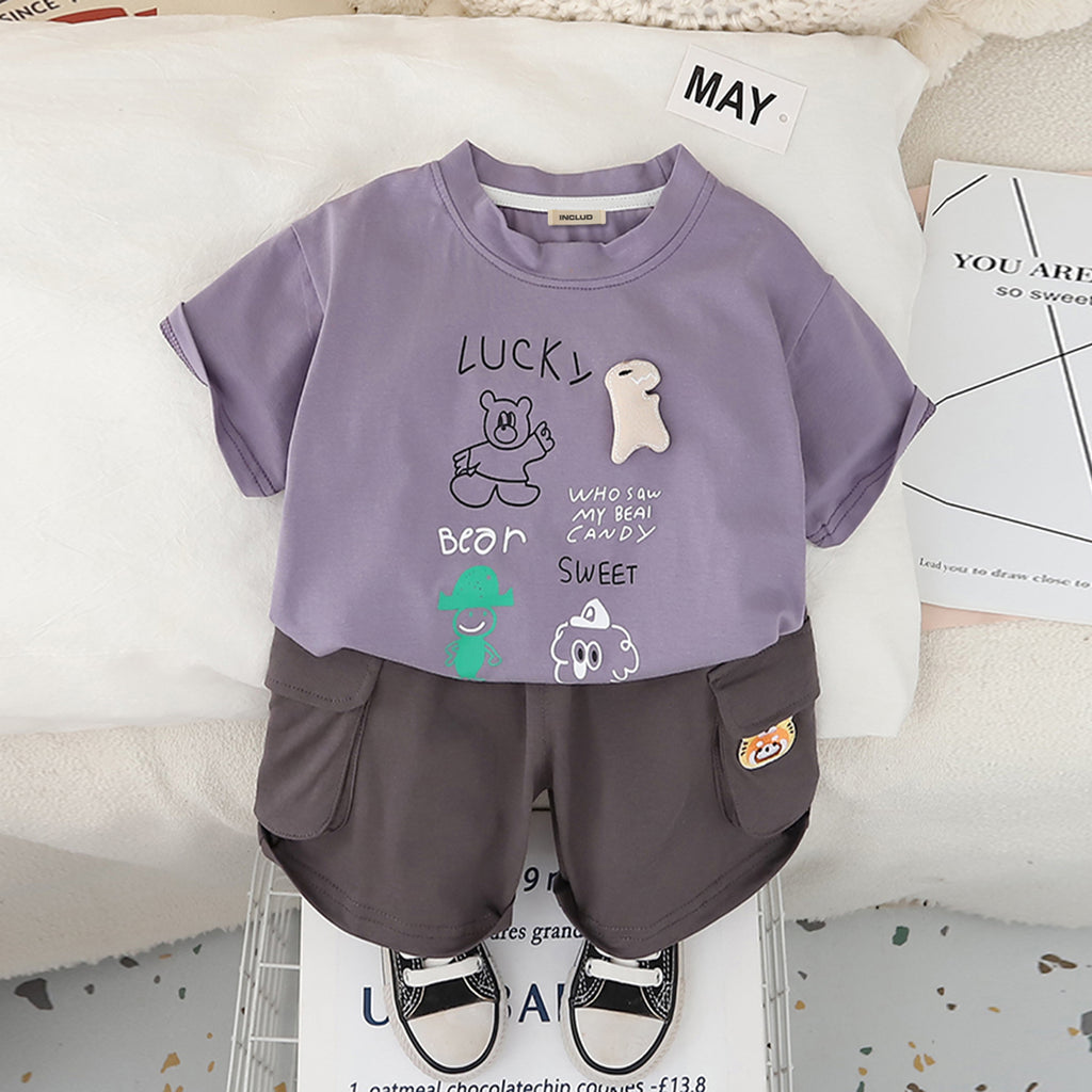Boys Purple Bear Printed T-Shirt With Cargo Shorts Set 2 pc. Sets Purple 1-2 Y