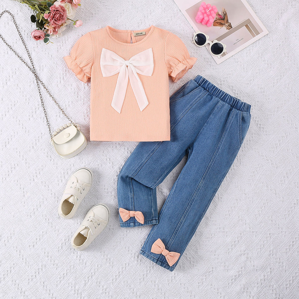 Girls Apricot Short Sleeves Top With Denim Pants Set 2 pc. Sets