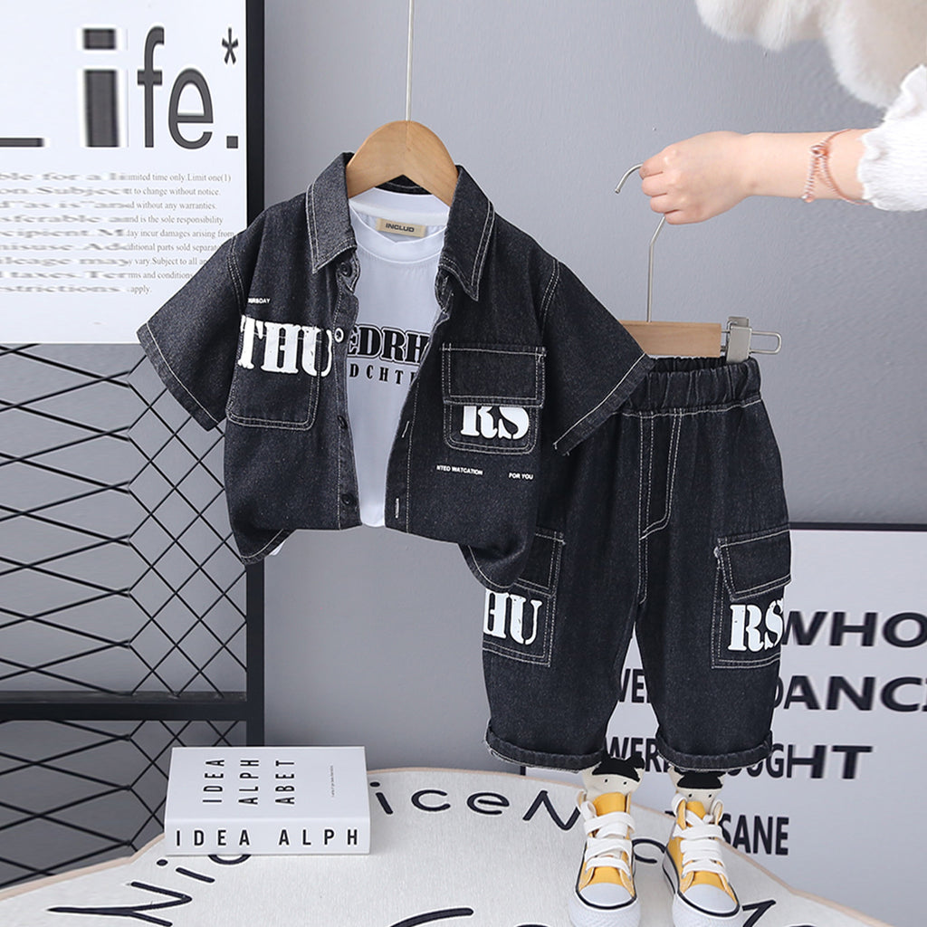 Boys Black Denim Short Sleeves Shirt With T-Shirt And Cargo Pants Set 3 pc. Sets Black 1-2 Y