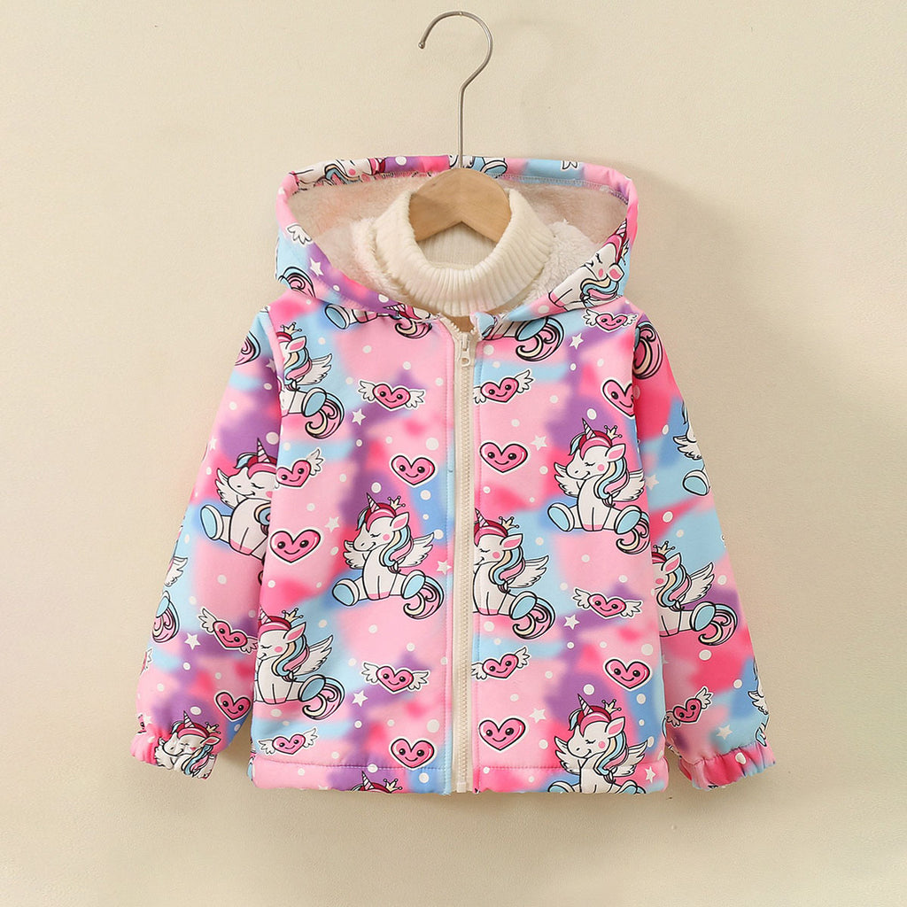 Girls Pink Unicorn Printed Front Zipper Hooded Winter Jacket Coats & Jackets Pink 1-2 Y