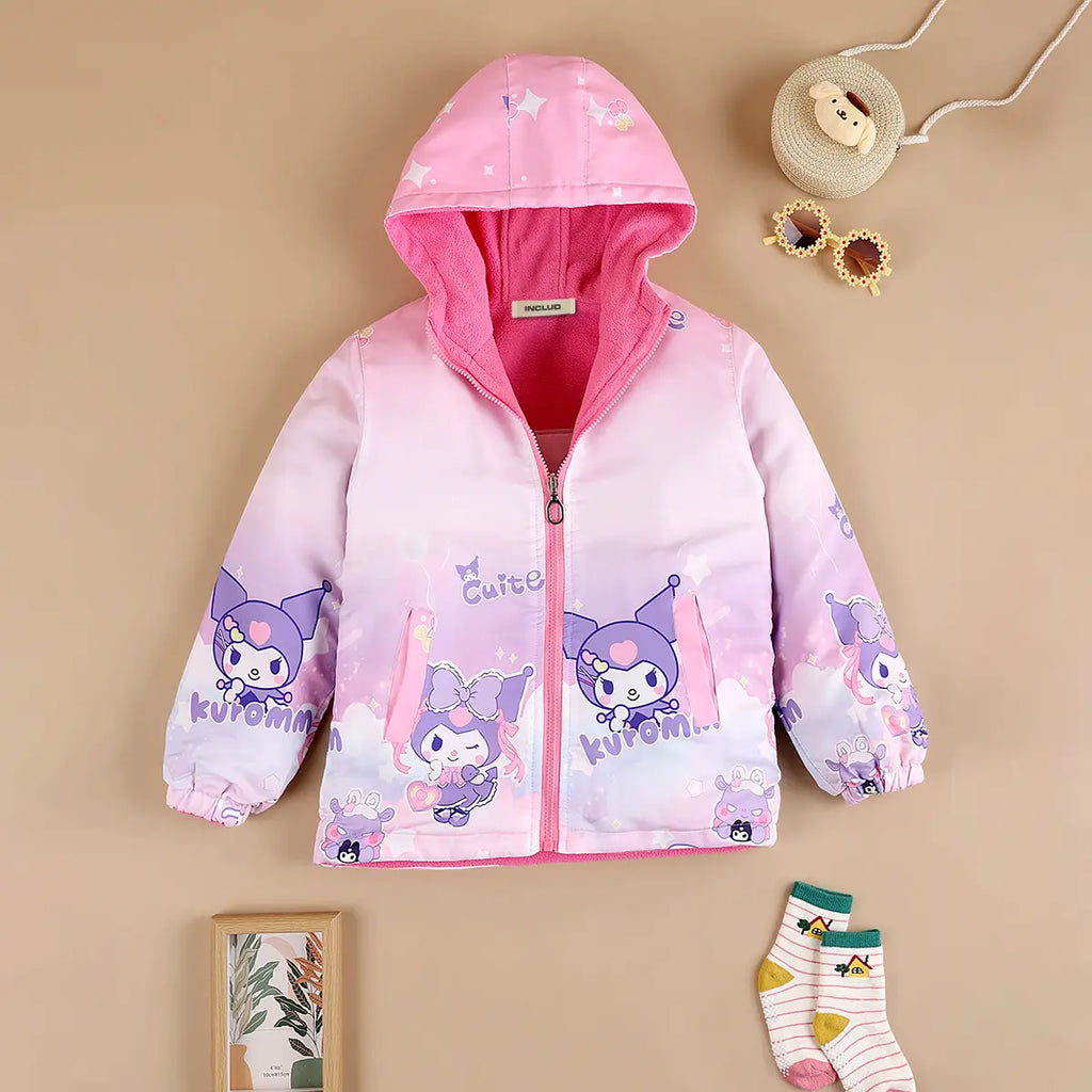 Girls Light Pink Kuromi Cartoon Printed Reversible Hooded Zipper Jacket Coats & Jackets Light Pink 3-4 Y