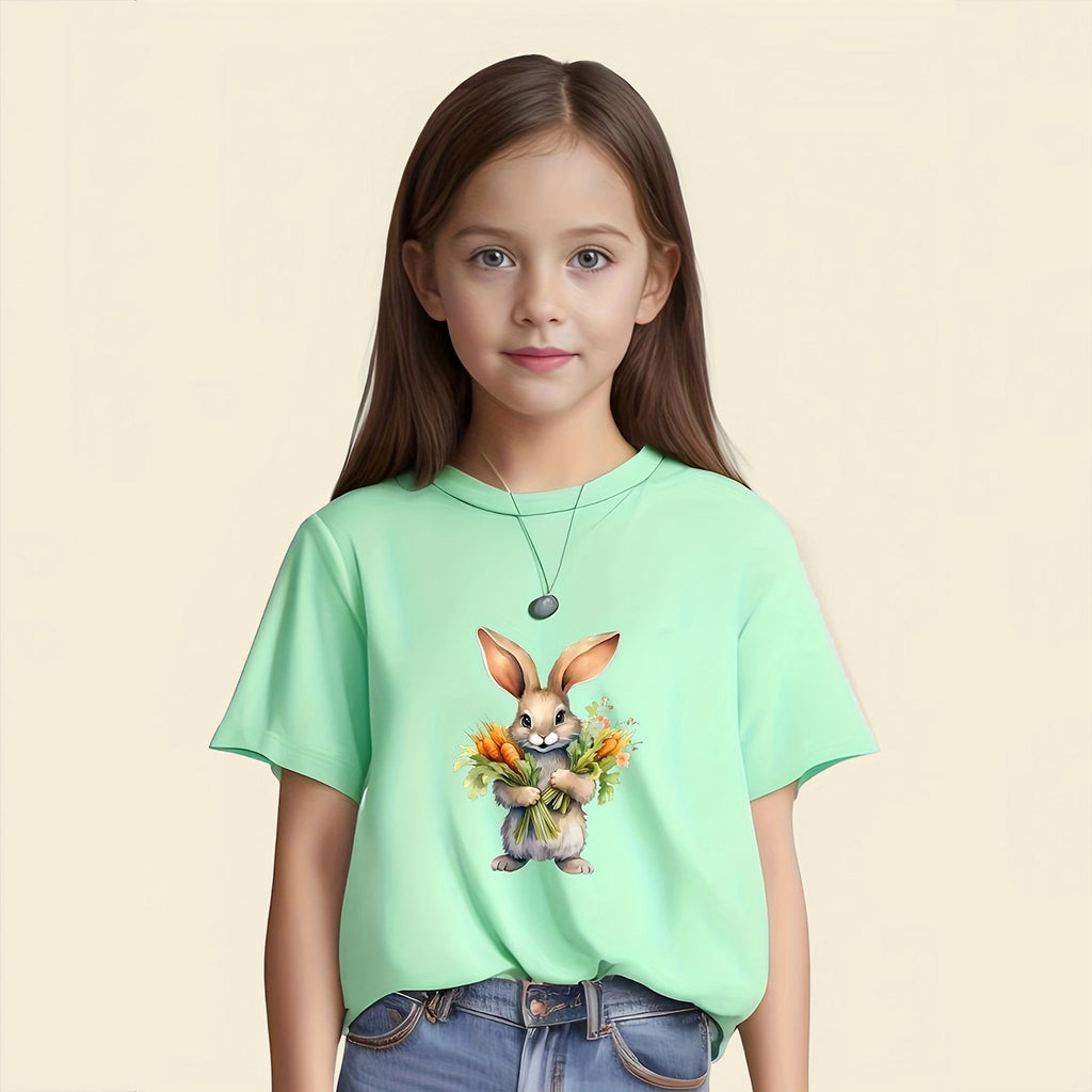 Girls Sea Green Shorts Sleeves Bunny Printed T-shirt Tshirts Sea Green 5-6 Y