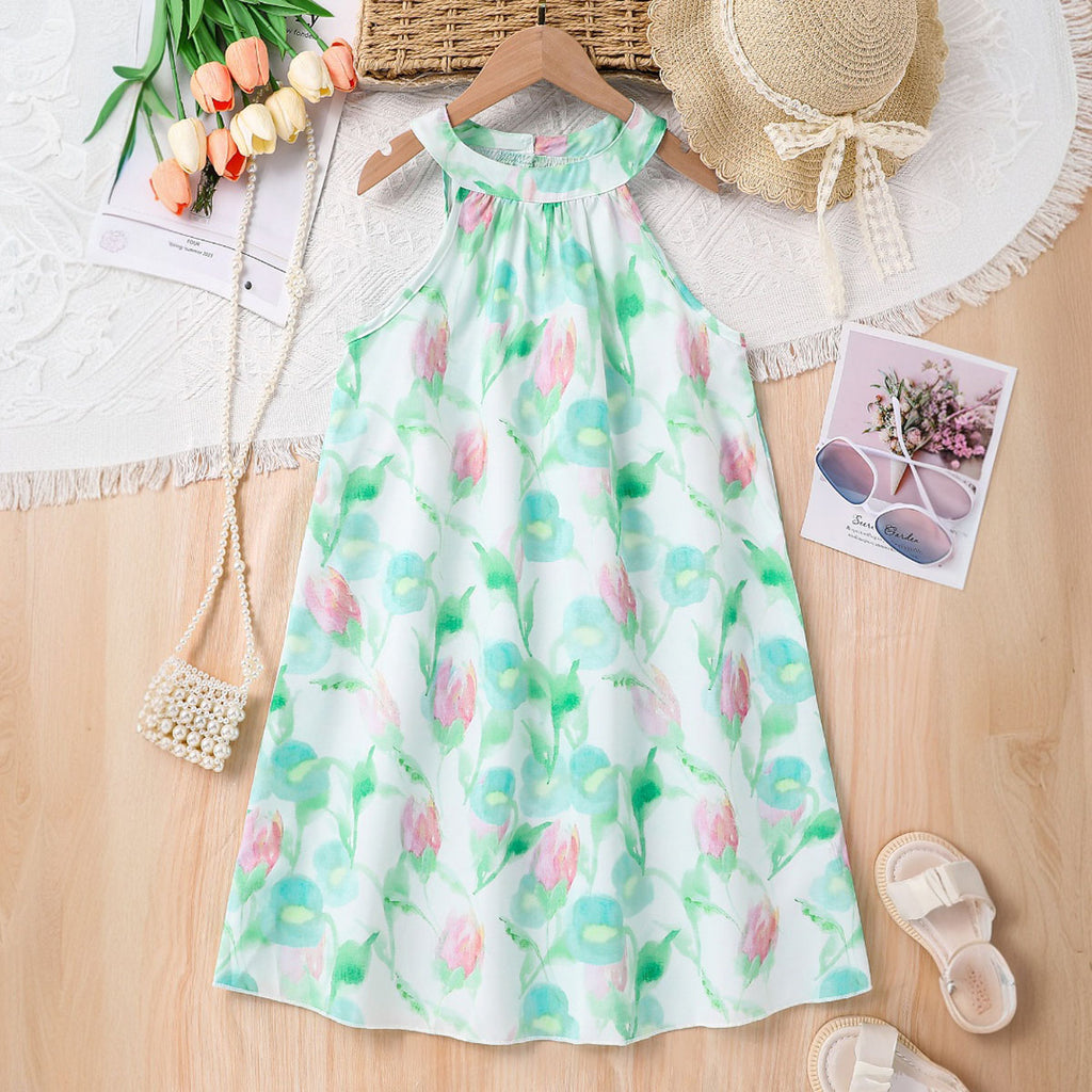 Girls Light Green Floral Printed Halter Neck Casual Dress Casual Dresses Light Green 3-4 Y