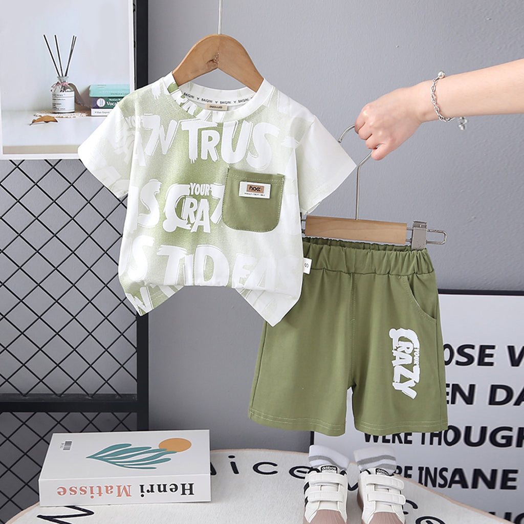 Boys Typographic Printed Contrast Pocket T-Shirt With Green Shorts Set 2 pc. Sets