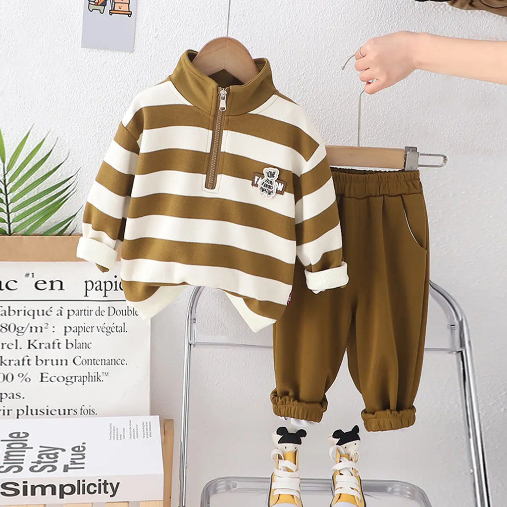 Boys Brown Stripes Hal Zipper Sweatshirt With Jogger Sets Sets Brown 1-2 Y