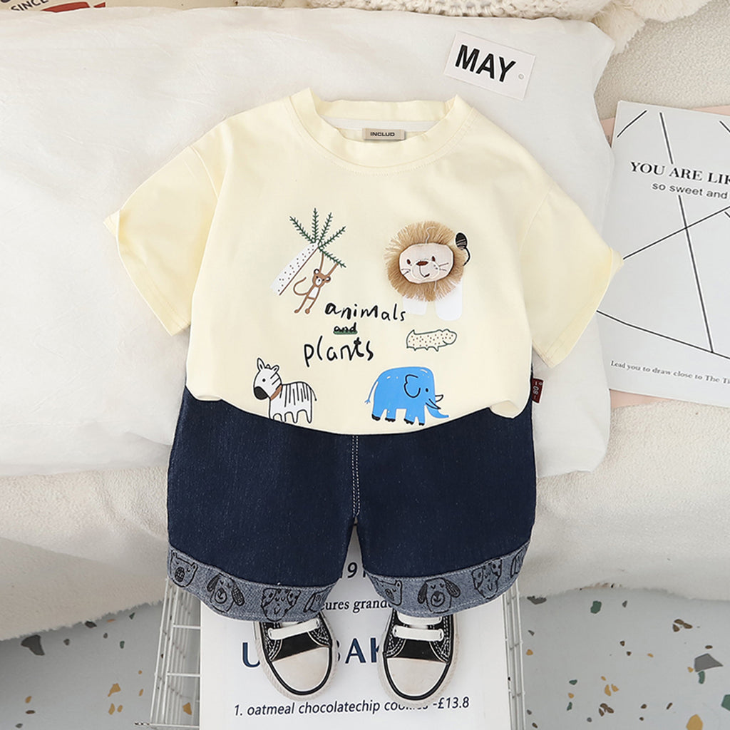 Boys Off White Animals Printed T-Shirt With Denim Shorts Set 2 pc. Sets Off White 1-2 Y