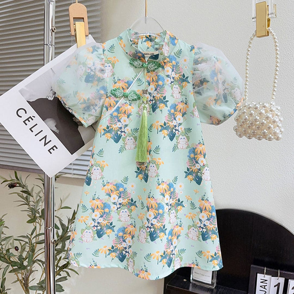 Girls Kimono Style A-line Floral Print Dress Casual Dresses Green 1-2 Y 