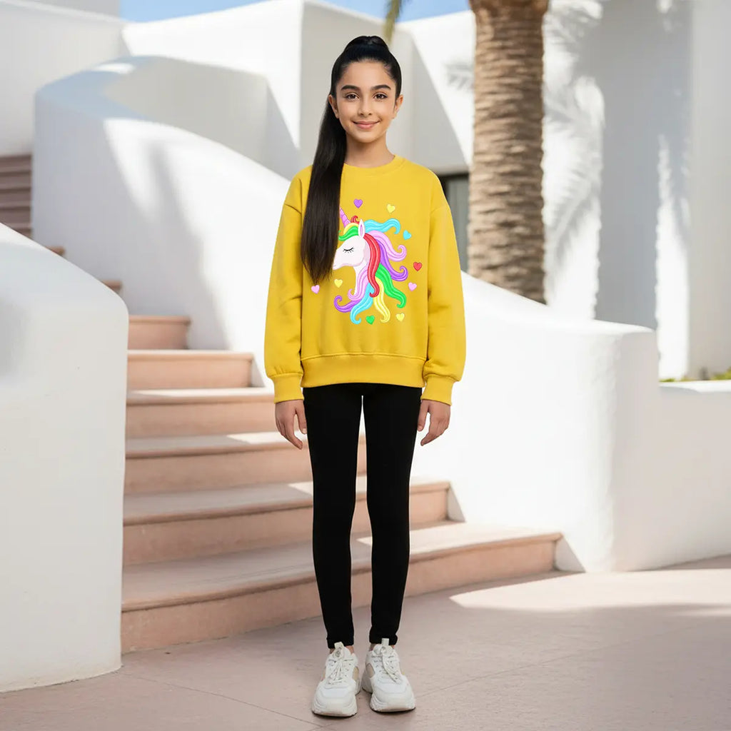Girls Yellow Unicorn Heart Graphics Round Neck Sweatshirt Sweatshirts & Hoodies Yellow 1-2 Y