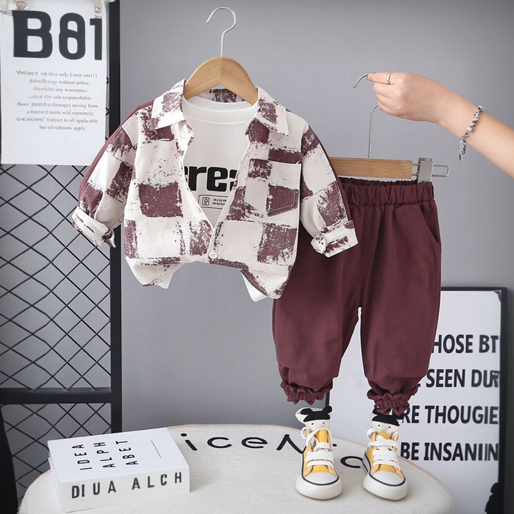 Boys Red Abstract Printed Shirt With T-Shirt and Pants Set Sets Red 1-2 Y
