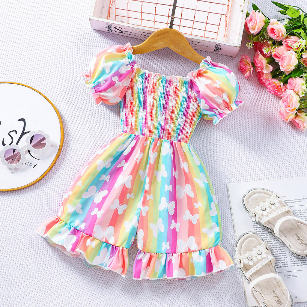 Girls Multicolored Butterfly Print Smocked Above Knee Length Jumpsuit Jumpsuits Multicolor 2-3 Y