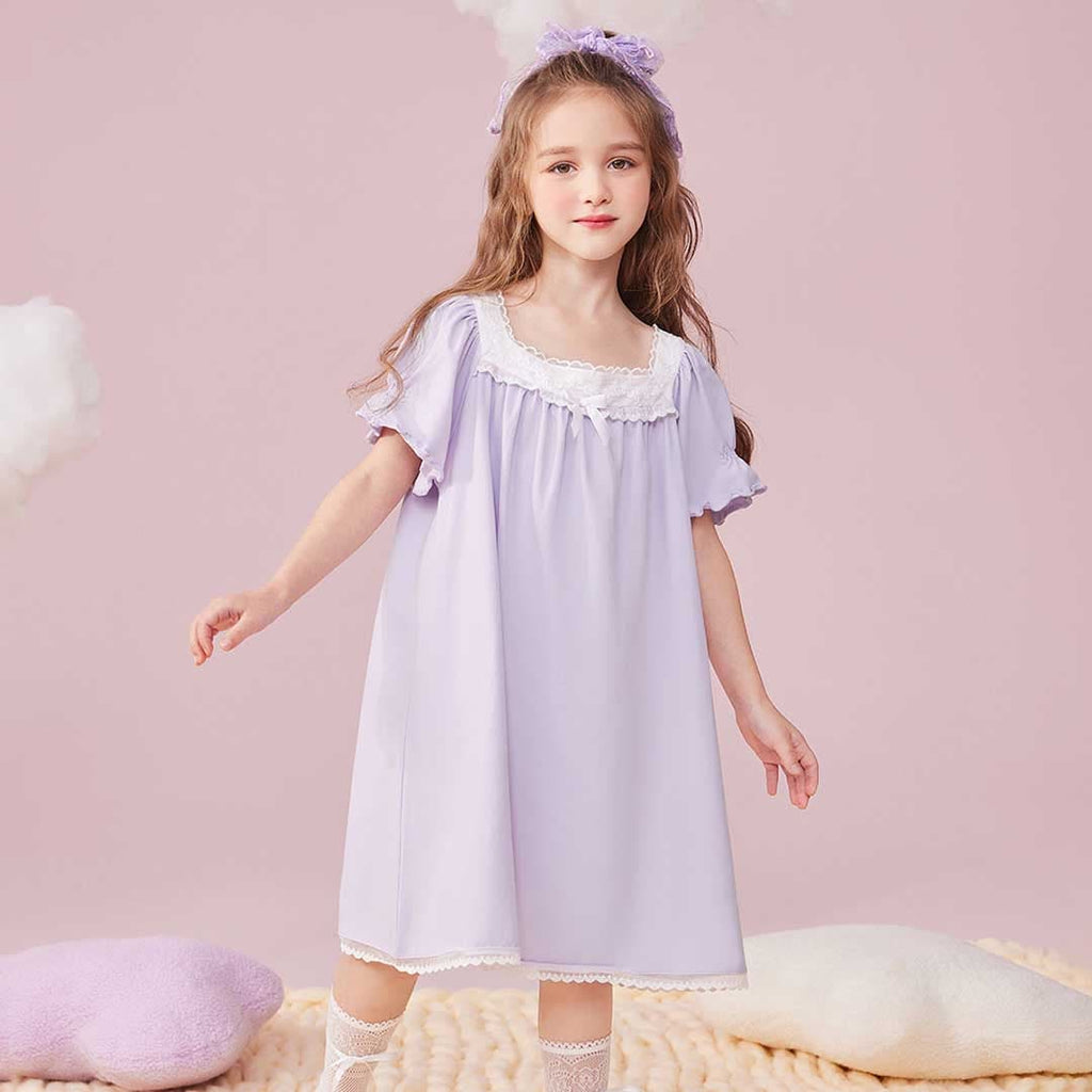 Girls Lace Neck Puff Sleeves Knee Length Dress Casual Dresses Purple 4-5 Y 