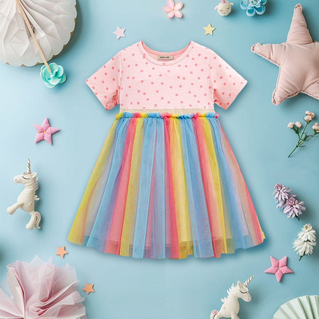 Girls Polka Dot Printed Flared Dress Casual Dresses Pink 1-2 Y 