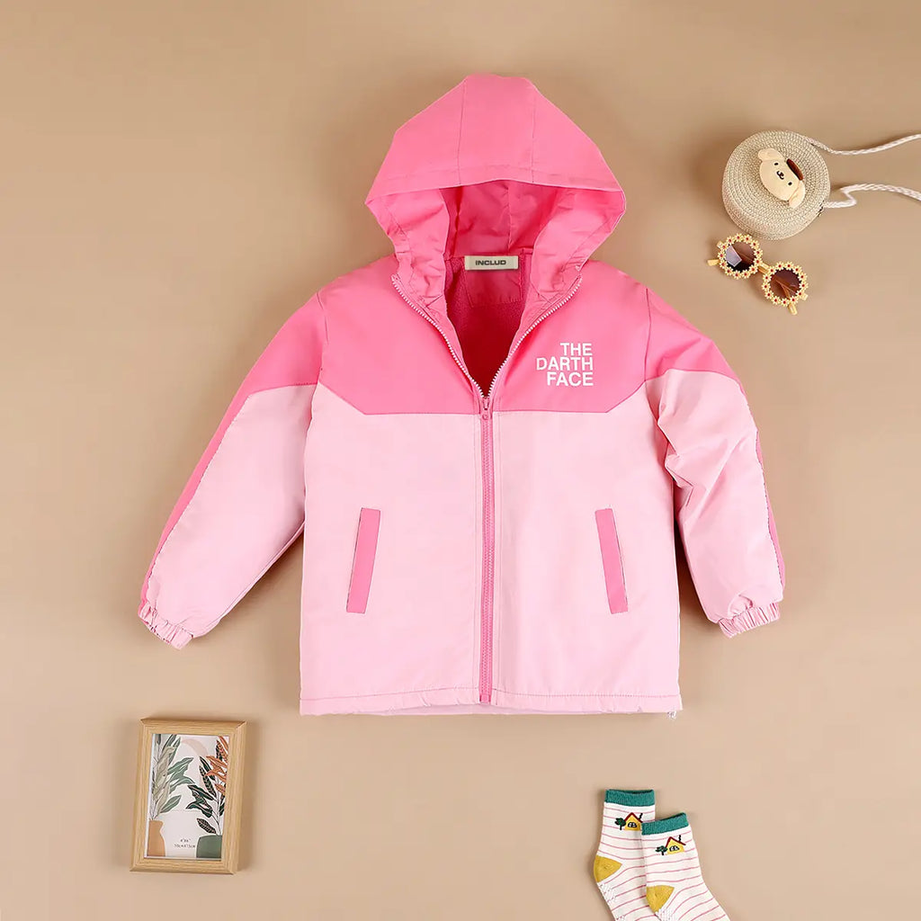 Girls Pink Typographic Printed Hooded Zipper Jacket Coats & Jackets Pink 3-4 Y