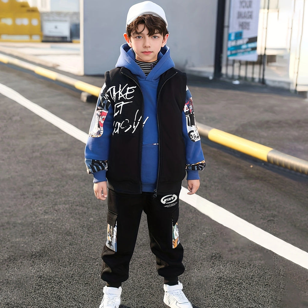 Boys Blue Graphics Printed hoodie With Sleeveless Jacket & Jogger Sets Sets Blue 5-6 Y